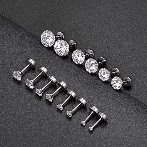 7 Pairs 18G 20G Stainless Steel Stud Earrings Round Cubic Zirconia Barbell Earring Set For Men Women 2MM-8MM Silver Tone - style: B:7 Pairs,Flat Backs,20G