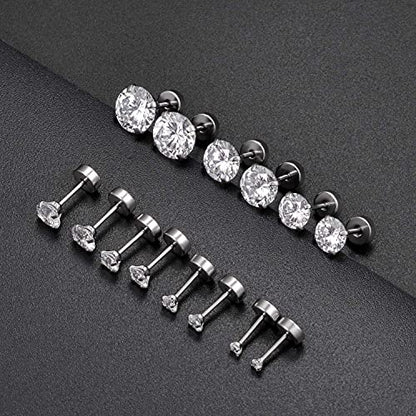 7 Pairs 18G 20G Stainless Steel Stud Earrings Round Cubic Zirconia Barbell Earring Set For Men Women 2MM-8MM Silver Tone - style: B:7 Pairs,Flat Backs,20G