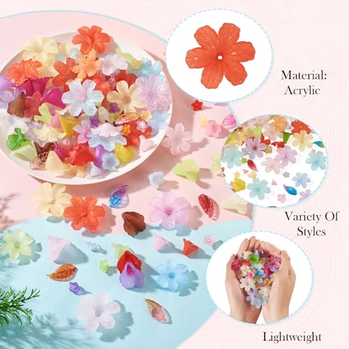 230Pcs Frosted Flower Beads Caps Leaf Acrylic Beads Kit Bell Trumpet Floral Bead Caps Bead Charms Flower Jewelry for DIY Handmade Crafts Jewelry Making Supplies - color: Mixed Flowers