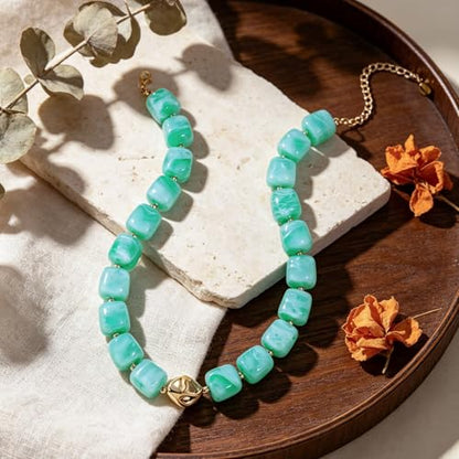 Beaded Necklaces for Women Boho Chunky Necklace Statement Big Resin Bead Choker Fashion Summer Beach Jewelry - color: Lake Blue