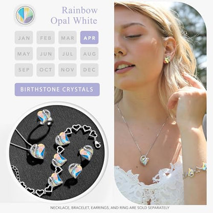 Infinity Love Heart Stud Earrings for Women, Birthstone and Healing Stone, Gifts for Mom, Wife, and Her, Silver Plated - color: 04-April-Rainbow Opal White