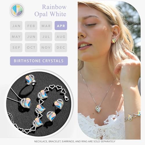 Infinity Love Heart Stud Earrings for Women, Birthstone and Healing Stone, Gifts for Mom, Wife, and Her, Silver Plated - color: 04-April-Rainbow Opal White