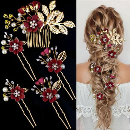 5 PCS Bridal Flower Wedding Hair Pins Crystal Pearl Headpiece Gold Wedding Hair Accessories Jewelry Rhinestone for Brides Bridesmaids Women Girls Updo, Exquisite Flower Leaves&Elegant Burgundy - color: Exquisite Flower Leaves&Elegant Burgundy