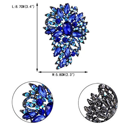 EVER FAITH Women's Austrian Crystal Wedding Flower Leaf Bouquet Brooch - color: Royal Blue Black-Tone