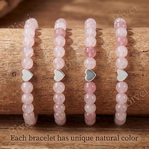 Bivei Crystal Stretch 6mm Bracelets for Women | Handmade Natural Stone Beaded Stretch Bracelet, Stainless Steel Heart Bead, Tranquility Yoga Gift Jewelry for Women - color: Rose Quartz - Self-Love