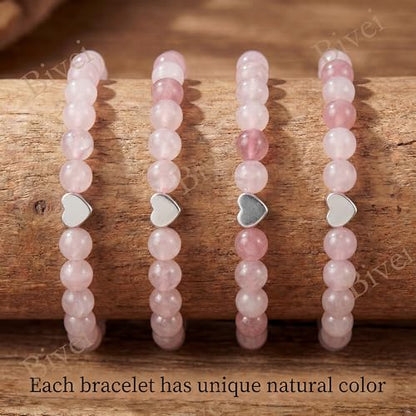 Bivei Crystal Stretch 6mm Bracelets for Women | Handmade Natural Stone Beaded Stretch Bracelet, Stainless Steel Heart Bead, Tranquility Yoga Gift Jewelry for Women - color: Rose Quartz - Self-Love