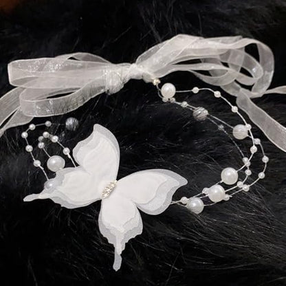Lace Butterfly Necklace Dainty Pearl Beaded Bow Tie Ribbon Necklaces Long Elegant Lace Fairy Tassel Choker White Black Pink Blue Butterfly Choker Necklaces Cute Butterfly Jewelry Y2K Aesthetic Jewlery for Wedding Party Prom - color: White
