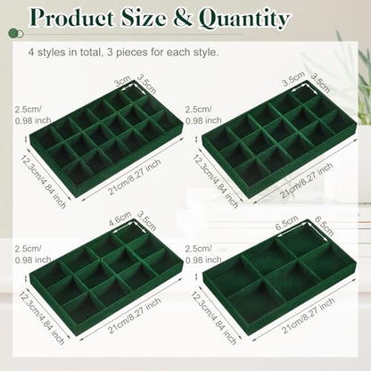 12 Pcs Jewelry Tray Velvet Stackable Jewelry Organizer Trays Divided Earring Accessories Storage Containers Box (Rose Red) - color: Green