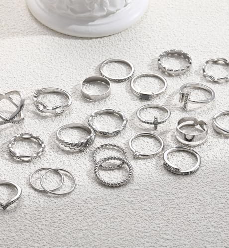 iF YOU 25 Pcs Gold Stackable Ring Set for Women, Chunky Knuckle Finger Midi Rings, Silver Simple Stacking Cute Rings Pack Trendy Stuff Jewelry Gift - style: 23 Silver sparkling rings
