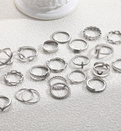 iF YOU 25 Pcs Gold Stackable Ring Set for Women, Chunky Knuckle Finger Midi Rings, Silver Simple Stacking Cute Rings Pack Trendy Stuff Jewelry Gift - style: 23 Silver sparkling rings