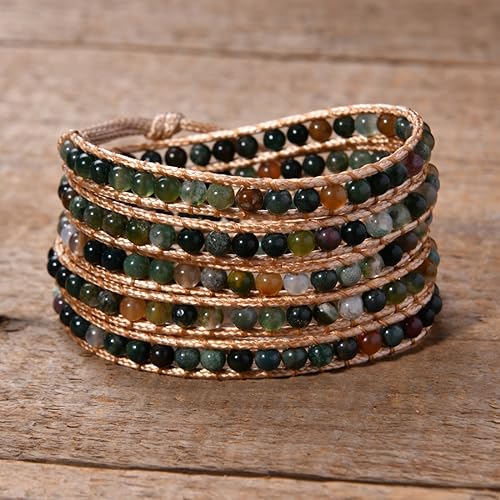 YGLINE Natural Stone Wrap Bracelet for Women Boho Bracelets Healing Crystal Beaded Bracelet Adjustable 3/5 Wraps Bracelet Handmade Birthday Gifts for Women - color: Agate(5 wraps)