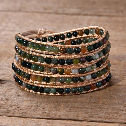 YGLINE Natural Stone Wrap Bracelet for Women Boho Bracelets Healing Crystal Beaded Bracelet Adjustable 3/5 Wraps Bracelet Handmade Birthday Gifts for Women - color: Agate(5 wraps)