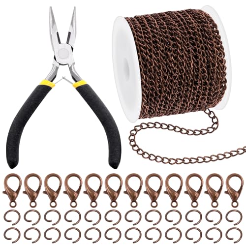 102Pcs Jewelry Making Kit, 10 Yards Necklace Chains with 50Pcs Open Jump Rings, 50Pcs Lobster Clasps, Chain Nose Pliers for DIY Necklace Making (Red Copper) - color: Red Copper