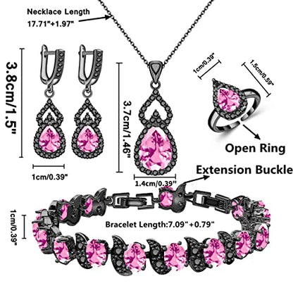 LMXXVJ Women Jewelry Set Platinum Plated Necklace Open Ring Earrings Bracelet Set,Birthday/Anniversary Mother’s Day Jewelry Gifts for Mom/Wife/Sister/Best Friend - color: Black Gun-Pink