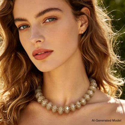 Colorful Chunky Acrylic Beaded Choker Necklaces for Women | Multicolor Faceted Beads, Sturdy Metal Chain, Adjustable Detachable, Lightweight, Summer Boho, Sparkly Statement Jewelry Gift - color: Light Brown
