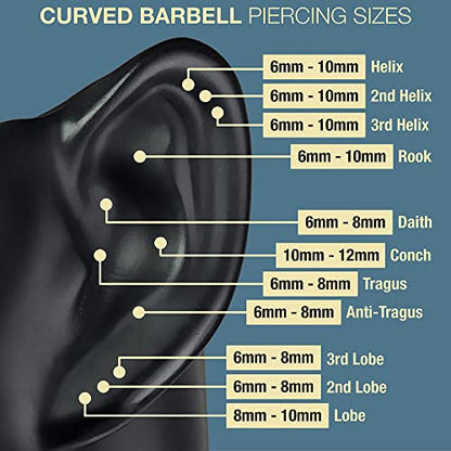2pc Curved Barbell Daith Rook Conch Labret Helix Lip Ring Tragus Eyebrow Cartilage (choose Color, Gauge, Length) - color: Gold - 8mm (5/16) - 16g