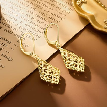 BOUTIQUELOVIN Filigree Dangle Earrings for Women Drop Earings | 14K Gold Plated Geometric Dangling Leverback Earrings Silver Hypoallergenic Dangly Earings Lightweight Daily Jewelry Gifts - color: A-14K Gold