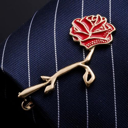 Dainty Rose Flower Tie Clip Tie Bar for Men Gold Tone Fashion Red Enamel Flower Necktie Suit Shirt Tuxeto Formal Wear Brooch Dress Accessories Birthday Wedding Party Jewelry Gift