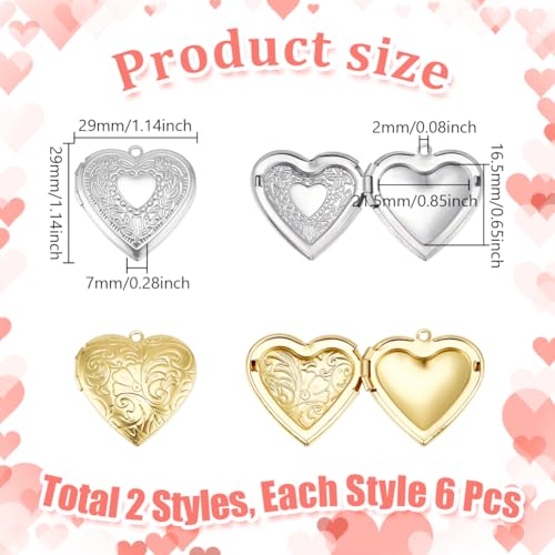 AHANDMAKER 12Pcs 2 Colors Heart Locket Pendants Hearts Photo Frame Charms Brass Love Wedding Photo Charms for DIY Memorial Graduation Valentine's Birthday 29x29x7mm (Golden, Stainless Steel Color)