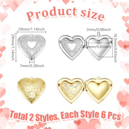 AHANDMAKER 12Pcs 2 Colors Heart Locket Pendants Hearts Photo Frame Charms Brass Love Wedding Photo Charms for DIY Memorial Graduation Valentine's Birthday 29x29x7mm (Golden, Stainless Steel Color)