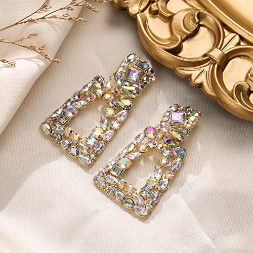 Flyonce Rectangle Clip-on Drop Earrings for Women, Sparkly Rhinestone Crystal Geometric Statement Non Pierced Earring Wedding Prom Party Jewelry for Brides Bridesmaid - color: Iridescent Clear AB Gold-Tone