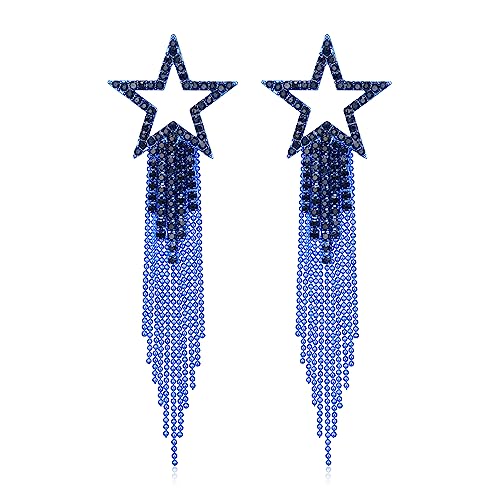 EVER FAITH Crystal Long Waterfall Star Tassel Clip-on Earrings for Women | Rhinestone Beaded Fringe Chandelier Dangle Statement Earring, Wedding Party Jewelry - color: Sapphire Blue Blue-Tone