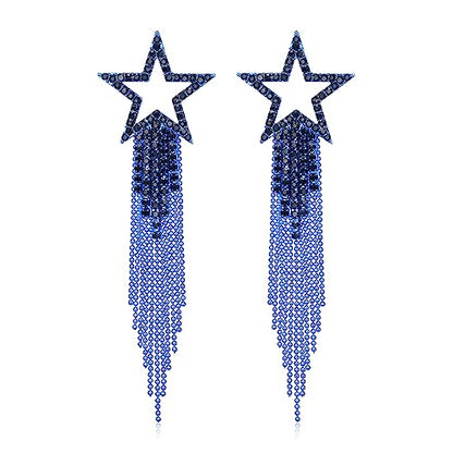 EVER FAITH Crystal Long Waterfall Star Tassel Clip-on Earrings for Women | Rhinestone Beaded Fringe Chandelier Dangle Statement Earring, Wedding Party Jewelry - color: Sapphire Blue Blue-Tone
