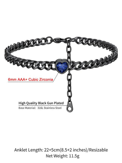 ChainsHouse Cuban Chain Anklets for Women with Heart Birthstone Jan - Dec | Stainless Steel Black Link Chain Ankle Bracelet with Birthstone, Beach Women Anklet 22cm-27cm Adjustable, with Gift Box - color: 09. Sep.-Sapphire-Black