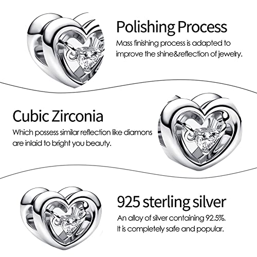 Jewelry Love Heart Charms for Women Bracelets and Necklaces | 925 Sterling Silver,Mother's Day Birthday Christmas - color: Silver Radiant Heart Floating Stone Charm
