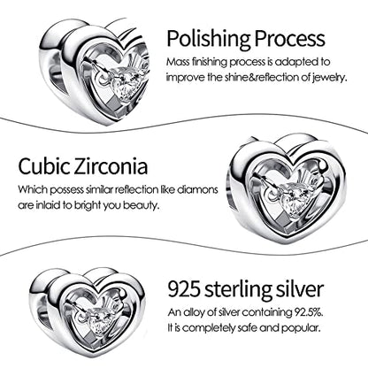 Jewelry Love Heart Charms for Women Bracelets and Necklaces | 925 Sterling Silver,Mother's Day Birthday Christmas - color: Silver Radiant Heart Floating Stone Charm