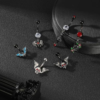 14G Surgical Stainless Steel Dangle Belly Button Rings for Women Belly Ring Dangling Piercing Jewelry CZ Snake lizard Skull Spider bat Halloween Party Punk Rock - style: Winged Skull