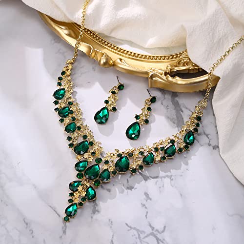 BriLove Women's Wedding Bridal Austrian Crystal Teardrop Flower Cluster Statement Necklace Dangle Earrings Jewelry Set for Party Prom - color: 2Pcs-Green Gold-Tone