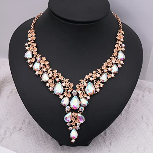 CSY Elegant Crystal Costume Jewelry Sets Flower Bridal Necklace Earrings Stretch Bangle Set for Bride Bridesmaid Wedding Dress Accessories - color: AB crystal-rose gold tone