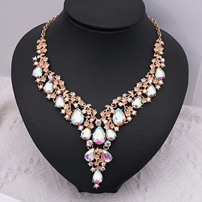 CSY Elegant Crystal Costume Jewelry Sets Flower Bridal Necklace Earrings Stretch Bangle Set for Bride Bridesmaid Wedding Dress Accessories - color: AB crystal-rose gold tone