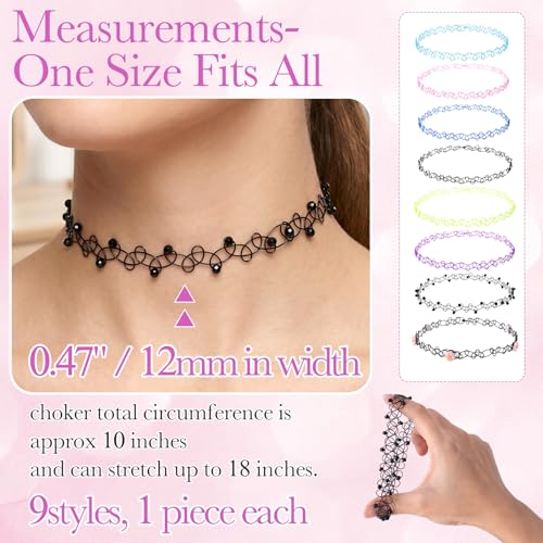 PAGOW Tattoo Choker Set, Stretchy 90s Choker Necklace, Adjustable Retro Y2K Gothic Grunge Chokers Jewelry Accessories - color: 9 Colors,9Pcs