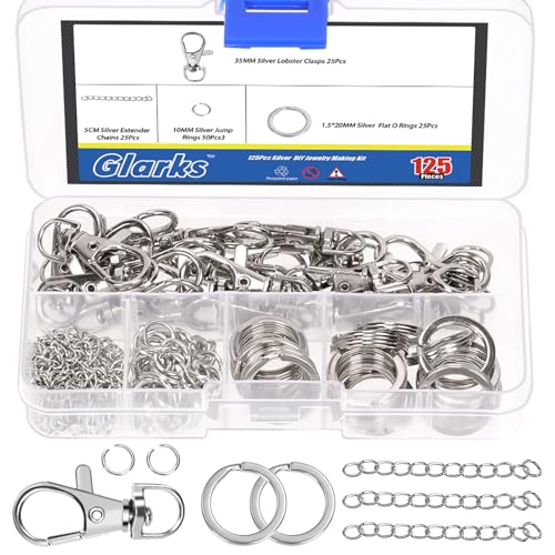 Glarks 125pcs Silver Keychain Making Kit, Keychain Craft Supplies Including Key Chain Clips with Chains, Lobster Claw Clasps, Key Rings and Jump Rings for Jewelry Craft Making - color: Silver