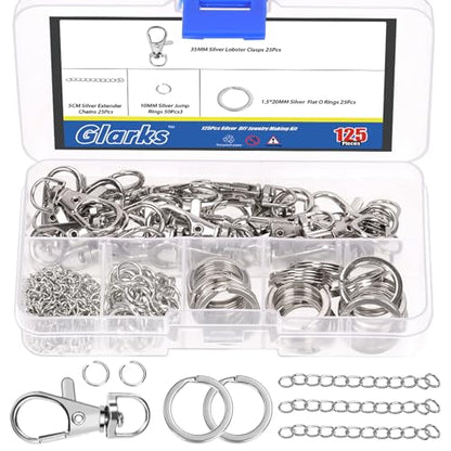 Glarks 125pcs Silver Keychain Making Kit, Keychain Craft Supplies Including Key Chain Clips with Chains, Lobster Claw Clasps, Key Rings and Jump Rings for Jewelry Craft Making - color: Silver