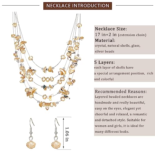Multi-Layer Boho Shell Beaded Necklace for Women Colorful Crystal Strand with Silver Beads Statement Collars Necklace and Earrings Costumes Jewelry Sets for Women - color: 45-Champagne