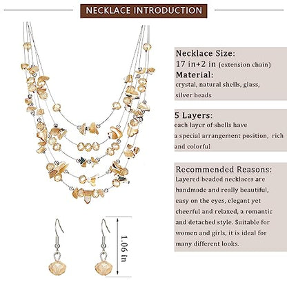 Multi-Layer Boho Shell Beaded Necklace for Women Colorful Crystal Strand with Silver Beads Statement Collars Necklace and Earrings Costumes Jewelry Sets for Women - color: 45-Champagne