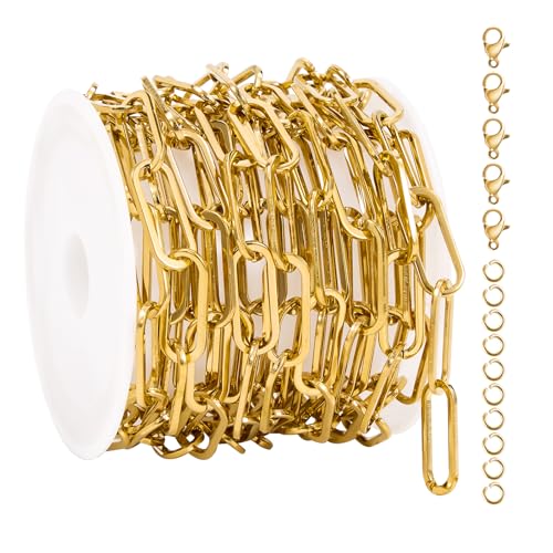 UMAOKANG 6.6 Feet Paperclip Chain for Jewelry Making Gold Plated Stainless Steel Bulk Chain on Spool - color: Paperclip Gold