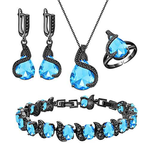 GZWHD Jewelry Set for Women Water Drop Cubic Zirconia Artificial Crystal Earrings Pendant Necklace Open Ring Tennis Bracelet Wedding Anniversary Birthday Engagement Gift for Bridesmaid Wife Girlfriend Friend - color: Black Gun-Sky Blue