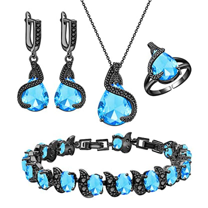 GZWHD Jewelry Set for Women Water Drop Cubic Zirconia Artificial Crystal Earrings Pendant Necklace Open Ring Tennis Bracelet Wedding Anniversary Birthday Engagement Gift for Bridesmaid Wife Girlfriend Friend - color: Black Gun-Sky Blue