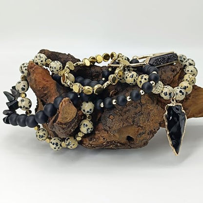 Yomisa Boho Beaded Bracelets/Bangle for Women,Multilayer 5/6/7PCS Healing Natural Handmade Stone Bead Bracelets Stackable Stretch Friendship Beaded Bracelet Set Trendy Western Bohemian Jewelry Gift - color: 6pcs-Black&beige