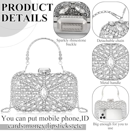 Quelay 4 Pcs Purse Rhinestone Jewelry Set Women | Wedding Bridal Prom Jewelry Sparkly Clutch Handbag with Necklace Bracelet Dangle Earrings Shiny Costume Kit - color: Silver, style: Opulent