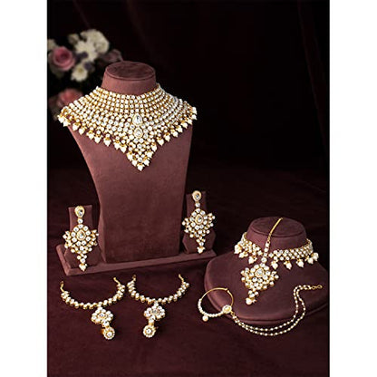 Aheli Bollywood Style Indian Bridal Choker Necklace Matha Patti Nose Ring Haath Phool Wedding Fashion Bharatanatyam jewellery set for Women - color: White