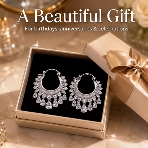 Hoop Earrings with Teardrop Dangles, Clear Crystal Chandelier Fringe Drop, Luxury Bridal Wedding Jewelry Gifts for Women