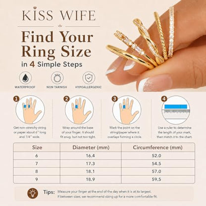 KISS WIFE 8 Pcs 14K Gold Plated Stackable Rings Set for Women, Dainty Sparkling Cubic Zirconia Statement Rings, Non Tarnish Engagement Wedding Bands, Minimalist Daily Wear Finger Jewelry, Ideal Gift