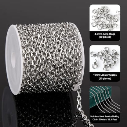 UMAOKANG Stainless Steel Chain for Jewelry Making Small Cable Chains Bulk | 16.4 Feet Silver Chain for Necklace DIY Jewelry Supplies Findings - color: 1.0 Silver Cable