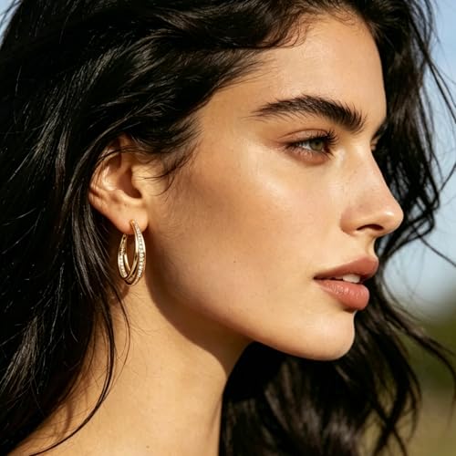Parmuz 925 Sterling Silver Earrings Hoops for Women Ladies Simple Lightweight Twisted Medium Hoop Earrings With Cubic Zirconia Hypoallergenic Jewelry for Her - color: Gold