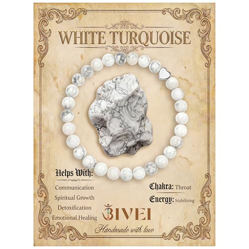 Bivei Crystal Stretch 6mm Bracelets for Women | Handmade Natural Stone Beaded Stretch Bracelet, Stainless Steel Heart Bead, Tranquility Yoga Gift Jewelry for Women - color: White Turquoise - Stabilizing
